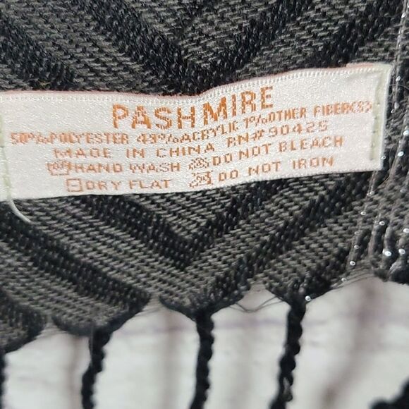 PASHMIRE Scarf Shawl 68" Long Black Chevron Silver Metallic Tassels lightweight - Picture 9 of 9